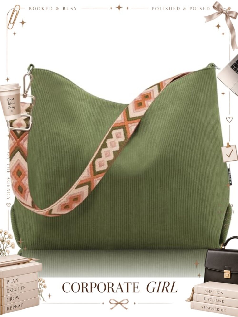 Corduroy Tote Bag with Zipper Adjustable Strap Shoulder Crossbody